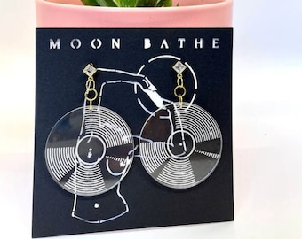Vinyl Record Earrings - Laser Etched Lucite Acrylic -  Gold Plated Jewelry