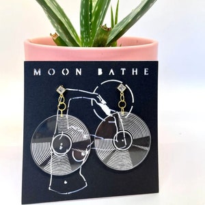 Vinyl Record Earrings - Laser Etched Lucite Acrylic -  Gold Plated Jewelry