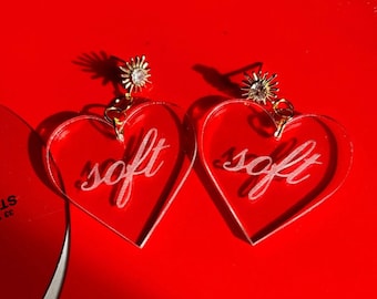 Soft Heart Earrings - Laser Etched Lucite Acrylic - Gold Plated Jewelry
