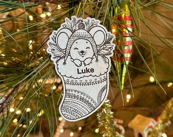 Mouse in Stocking Baltic Birch Wood Engraved Ornament