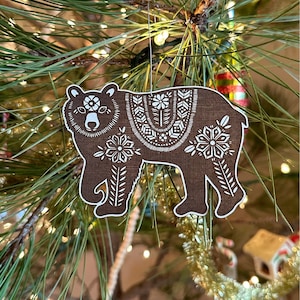 Floral Bear Tribal Baltic Birch Wood Engraved Ornament