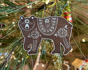 Floral Bear Tribal Baltic Birch Wood Engraved Ornament