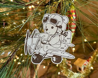 Pilot Bear Baltic Birch Wood Engraved Ornament
