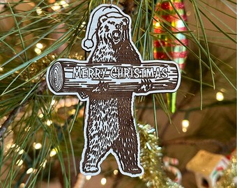 Grizzly Bear with Merry Christmas Log  Baltic Birch Wood Engraved Ornament