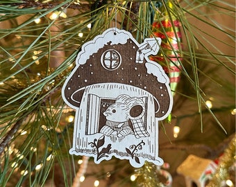 Mouse in Mushroom Cottage Baltic Birch Wood Engraved Ornament