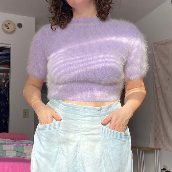 80’s 90’s Cropped Stripe Lambswool Angora Sweater by Leslie Pour Bebe Blond