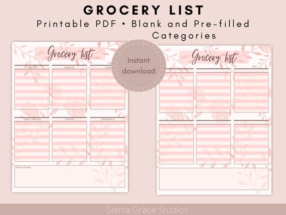 grocery list printable pdf shopping checklist template etsy