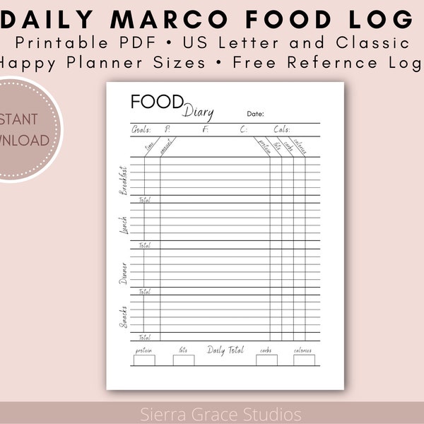 Macro Tracking Food Log Imprimable pdf suivi des repas quotidiens