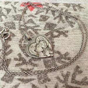 Vintage 1960&#39;s/1970’s Lovers Holding Hands Heart Pendant Necklace, Sterling Silver Chain