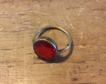Vintage Art Deco Red Glass Paste Vermeil Solitaire Ring, circa 1920