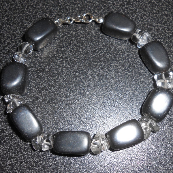 Bracelet Vintage Hématite et Cristal de Roche, Fermoir Argent Sterling, Années 1980