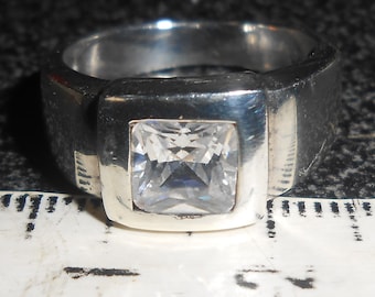 Vintage Princess Cut Cubic Zirconia Solitaire and Sterling Silver Ring, circa 1990