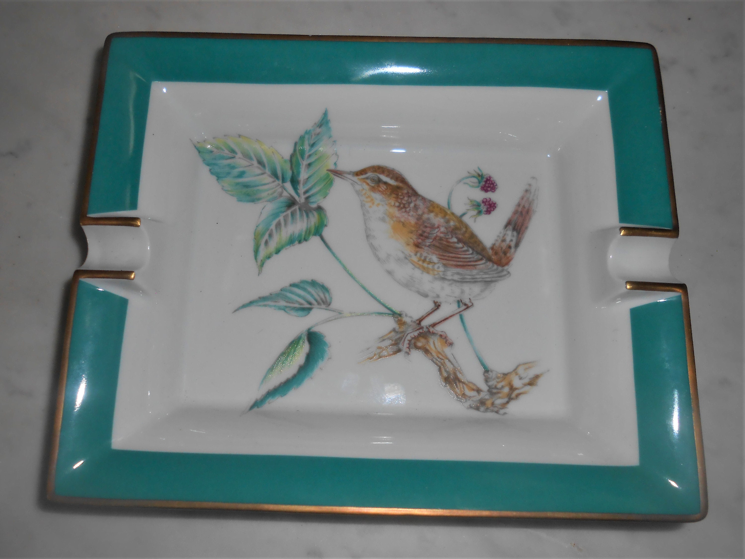 Hermes Tigre en Miroir Ashtray Limoges Porcelain Gold Edge