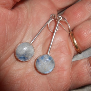 Vintage Rainbow Moonstone Cabochon Sterling Silver Drop Earrings