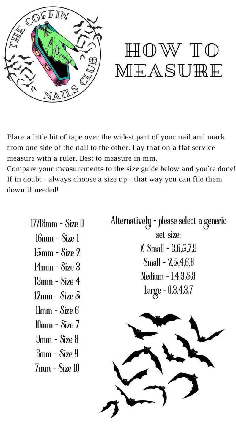 Puede incluir: Una gu&iacute;a sobre c&oacute;mo medir tus u&ntilde;as para puntas de u&ntilde;as en forma de ata&uacute;d. La gu&iacute;a incluye una tabla con medidas en mil&iacute;metros y tama&ntilde;os correspondientes, as&iacute; como una tabla con rangos de tama&ntilde;os para X Small, Small, Medium y Large.