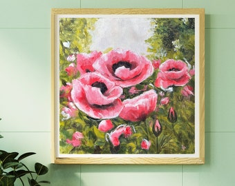 Pink Poppy Flower Painting Abstract Floral Art Oriental Poppies Small Size Original Unique Square  Wall Art Nursery Dorm Dressing study room