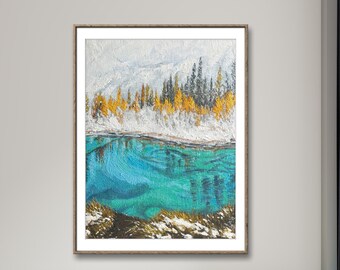 Original Fall Winter Landscape Painting Captivating Snow and Lake Scene with Autumn Trees, Perfect for Enhancing Home Décor of Nature Lovers