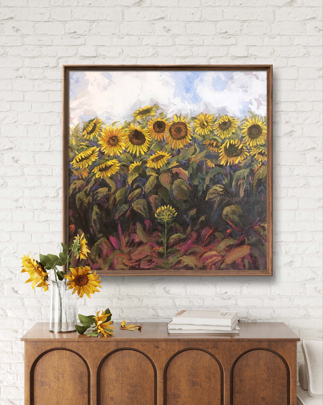 Vibrant Yellow Sunflower Painting Blue Sky Large Spring Summer Warm