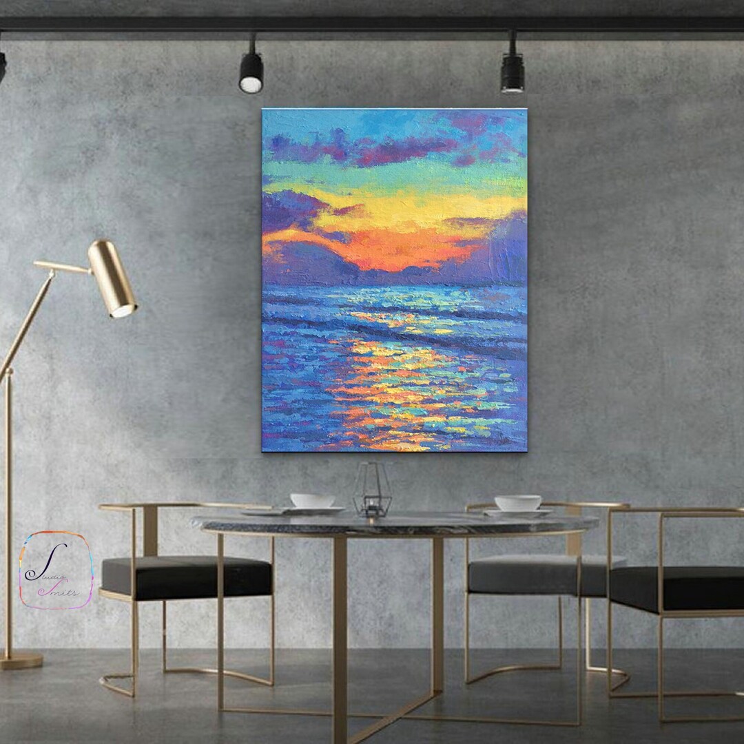 Abstract Ocean Sunset Landscape Oil Painting on Canvas, Large Original