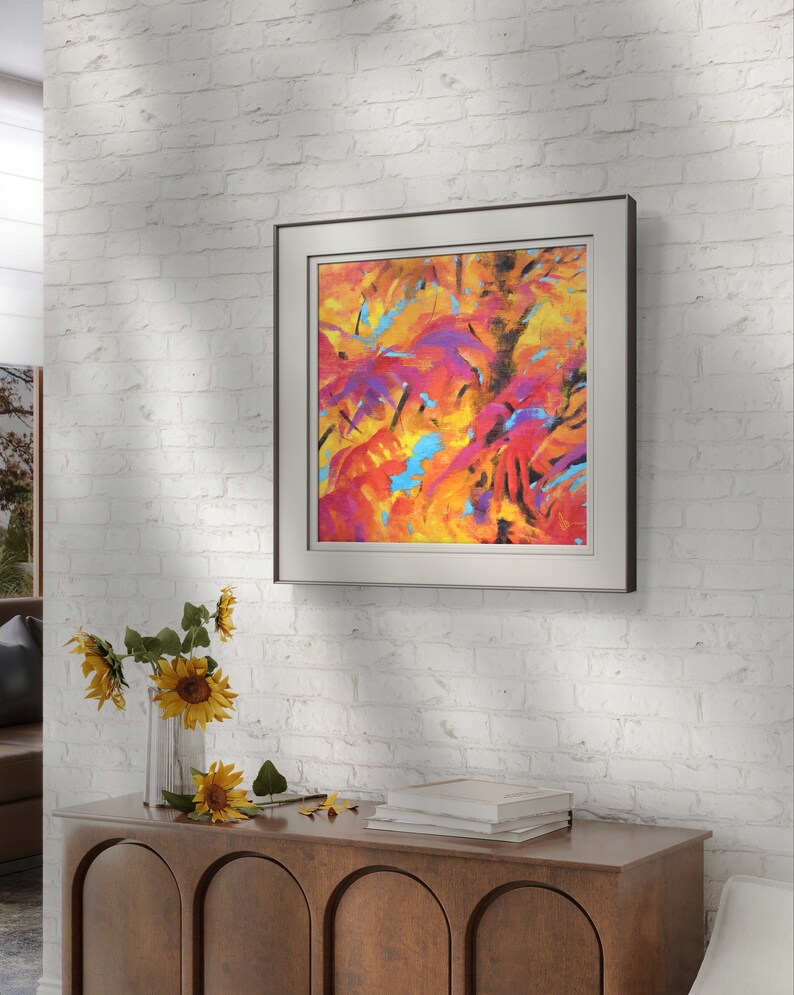 Large Autumn Abstract Leafs Modern Art Painting Home Decor Original Acrylics Textures warm colors red yellow blue Vibrant Interior Wall Art image 6