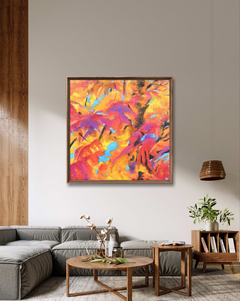 Large Autumn Abstract Leafs Modern Art Painting Home Decor Original Acrylics Textures warm colors red yellow blue Vibrant Interior Wall Art image 8