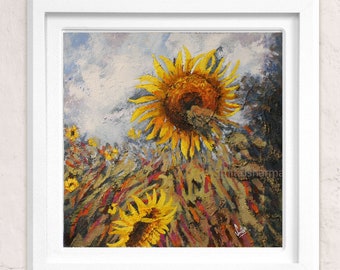 Impesto Sunflower Painting vibrant original handmade yellow teal gray flowers oil acrylic textured wall art Living room Hall Office Bedroom