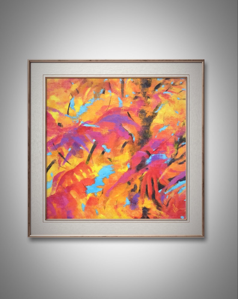 Large Autumn Abstract Leafs Modern Art Painting Home Decor Original Acrylics Textures warm colors red yellow blue Vibrant Interior Wall Art image 2