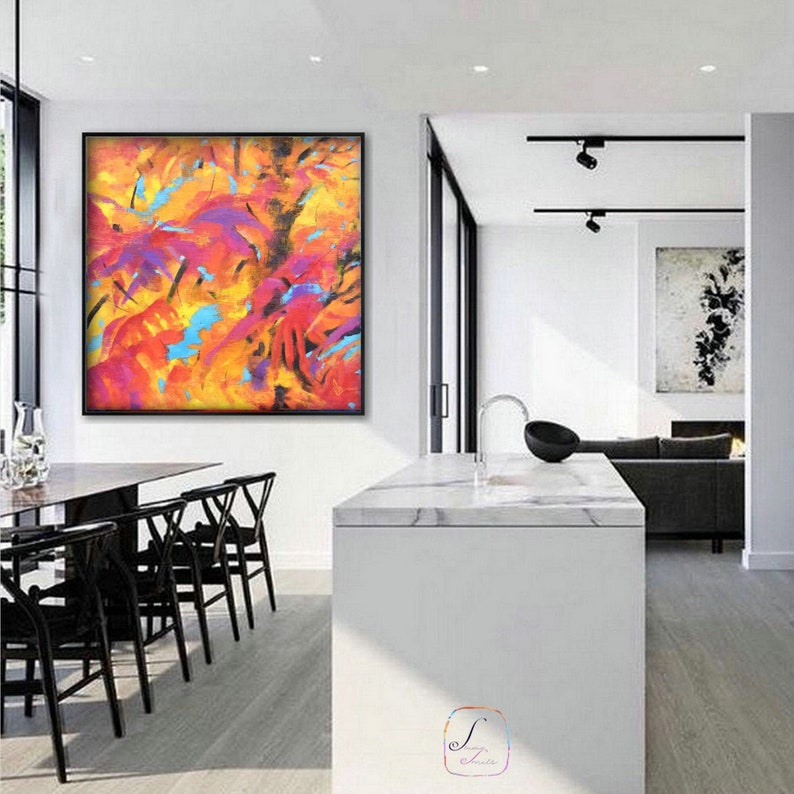 Colorful Large Autumn Leafs Abstract Modern Art Painting of warm and vibrant season is handmade on cotton canvas with soft textures using acrylic paints,  inspired by vibrant blooms around home during spring season ,orange,magenta , indian yellow .