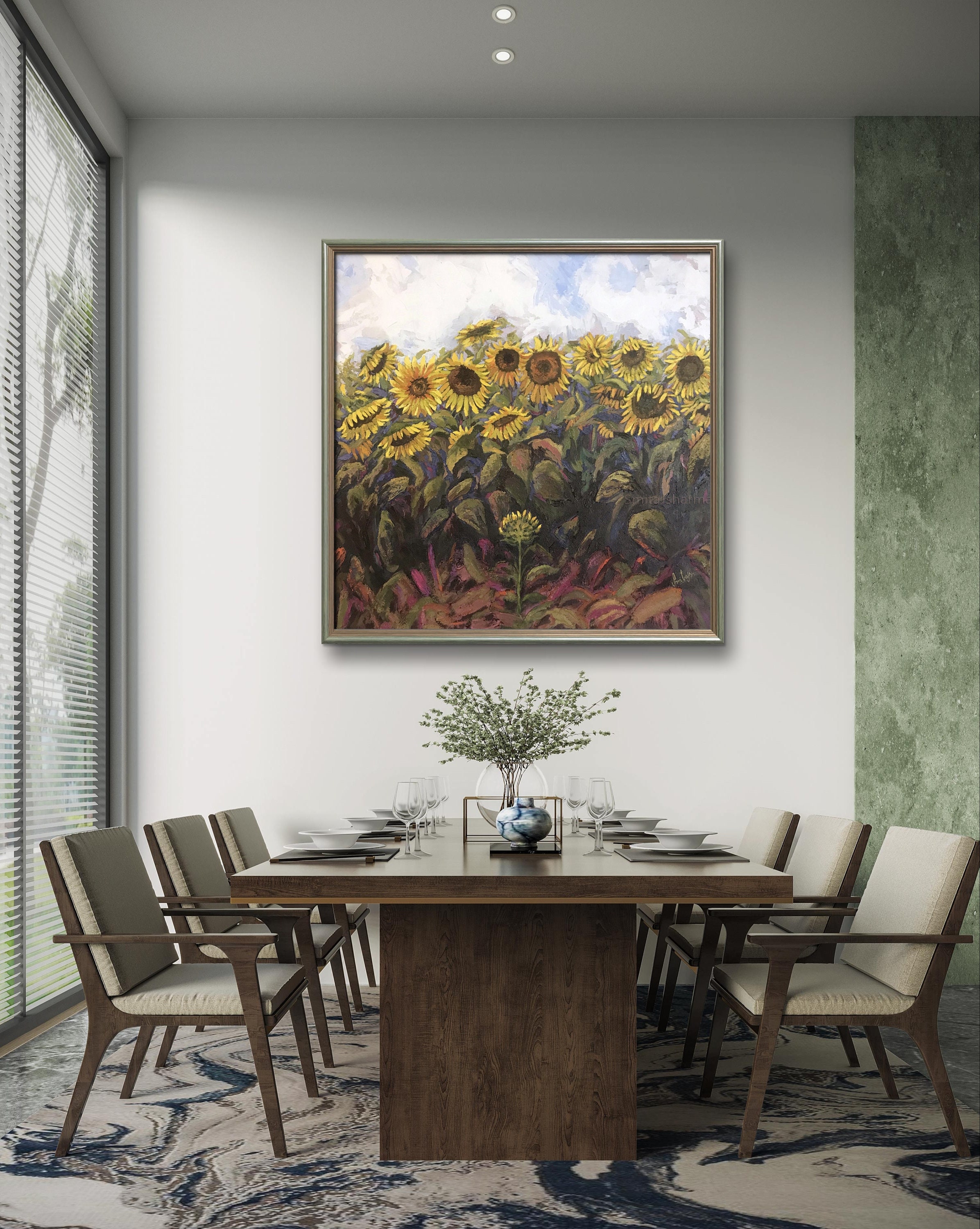 Vibrant Yellow Sunflower Painting Blue Sky Large Spring Summer Warm