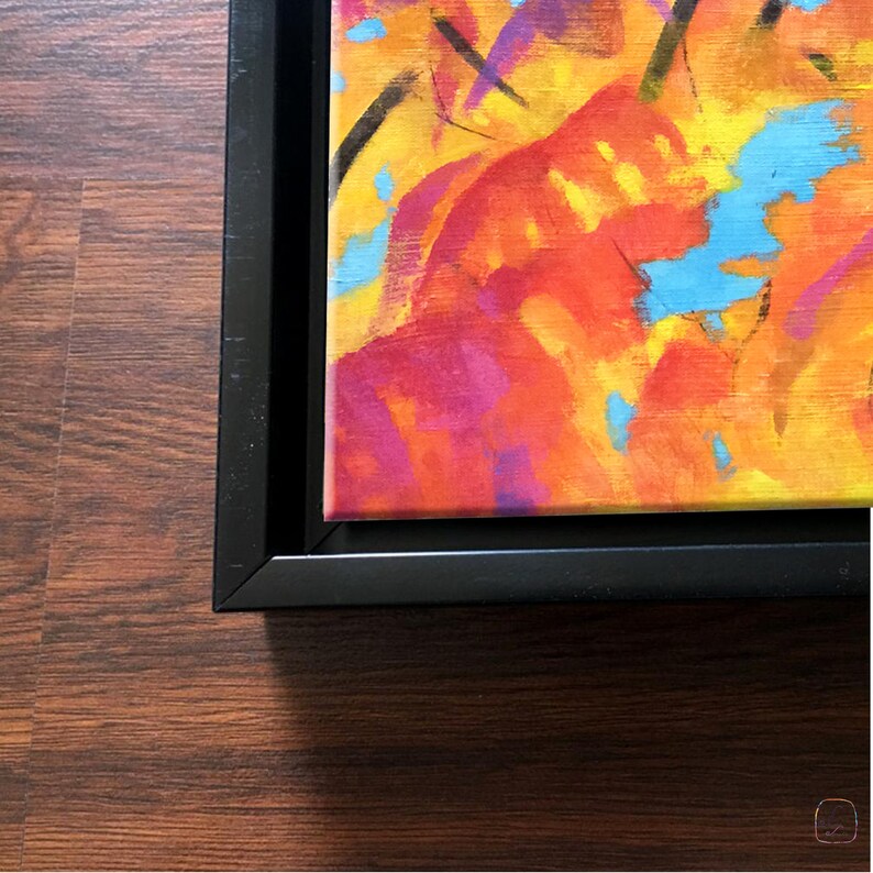 Colorful Large Autumn Leafs Abstract Modern Art Painting of warm and vibrant season is handmade on cotton canvas with soft textures using acrylic paints,  inspired by vibrant blooms around home during spring season ,orange,magenta , indian yellow .