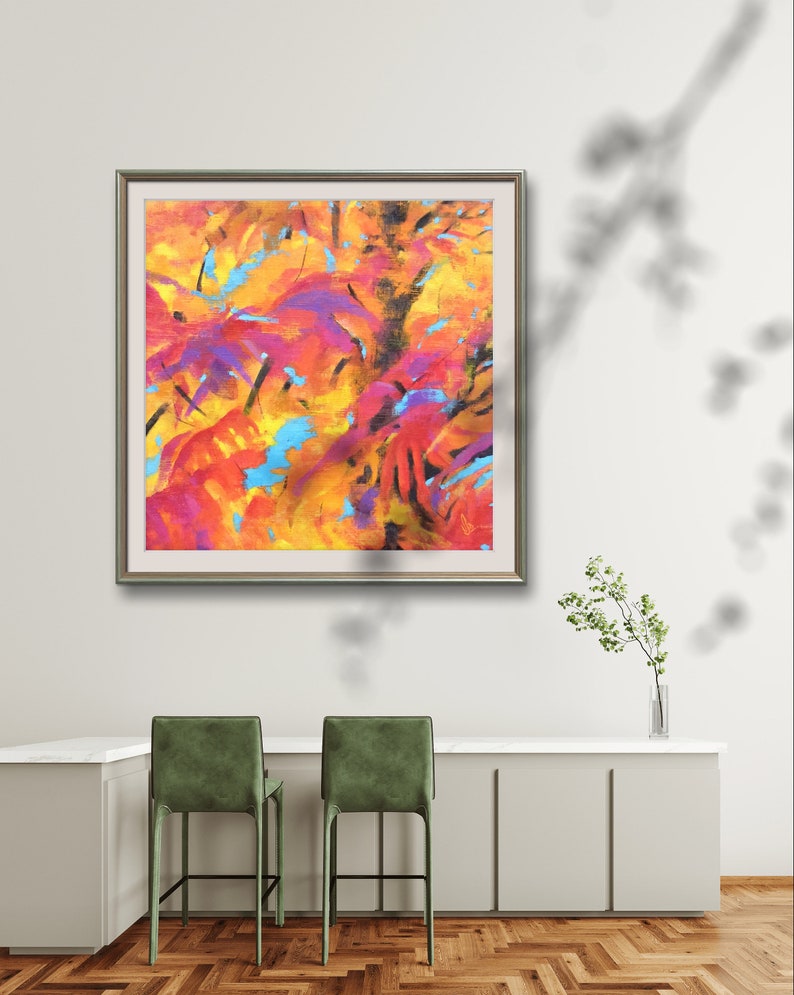 Large Autumn Abstract Leafs Modern Art Painting Home Decor Original Acrylics Textures warm colors red yellow blue Vibrant Interior Wall Art image 7