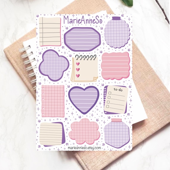Feuille d'autocollants notes & cadres | Stickers organisation planner | To-do et memo stickers | Papeterie douce