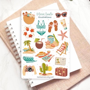 Summer Beach Sticker Sheet – Vacation Travel Planner Stickers, Tropical Holiday Bullet Journal, Beach Life Scrapbooking, Summer Vibes Sticke
