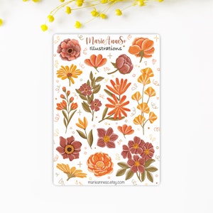 Folha de adesivos de outono vintage | Etiquetas das folhas e das flores | Decoração para diário, álbum de recortes e planejador