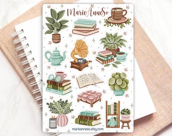 Cozy, Vintage, Reading-Themed Sticker Sheet - Stickers for Planners, Journals, and Scrapbooking - Home Decor and Relaxation