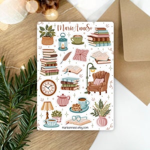 Feuille d’Autocollants Cosy Lecture - Stickers pour Planner, Journal, Scrapbooking - Ambiance Littéraire et Confort