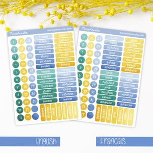 Stickers jours de la semaine et chiffres – Français et Anglais – Jaune & Bleu – Autocollants essentiels pour Planner, Journal et Scrapbook