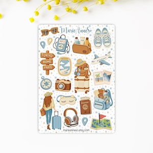 Feuille d’Autocollants Essentiels du Voyage - Stickers pour Journal, Planner, Calendrier, Scrapbooking - Autocollants Papeterie Journaling