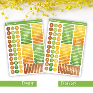May include: Two sticker sheets with calendar labels in English and French. Each sticker has a number, date, and day of the week. The stickers are in shades of green, orange, and brown. The Etsy shop name is visible.