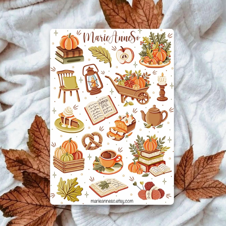 Gemütlicher Herbst Stickerbogen - Kürbis- und Jahreszeitenaufkleber für Planer, Scrapbook, Bujo, Journaling Bild 1