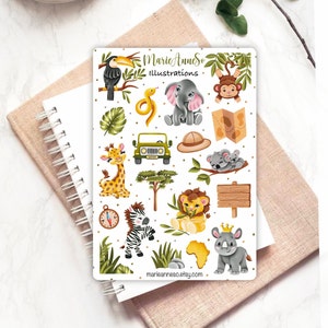 Feuille d’Autocollants Safari Animaux – Stickers pour Enfants, Journal, Planner, et Scrapbooking