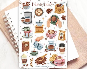 Sticker Sheet Coffee Lover Cozy Café | Kawaii Planner Journal Coffee Stickers | Coffee Stickers Bullet Journal | Cottagecore Scrapbooking