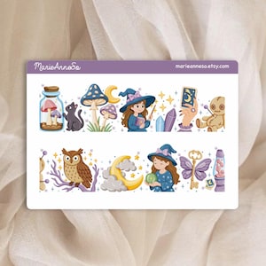 Feuille d’Autocollants Sorcière, Astrologie et Lunes - Frises Bas de Page - Stickers Mystiques - Pour Planner, Journal et Scrapbooking