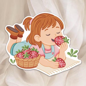 Autocollant Petite Fille aux Fraises - Sticker Fleuris pour Agenda, Scrapbook et Planner - Autocollant Fruité & Vintage