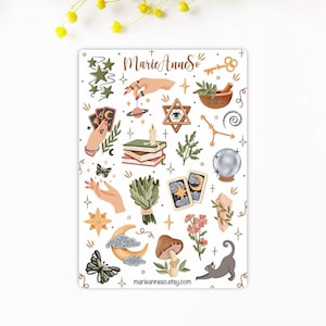 Hoja de pegatinas de brujas, pegatinas místicas de cristales del tarot, pegatinas de bruja estilo cottagecore para agenda, hoja de pegatinas de hierbas de la luna celestial para diario