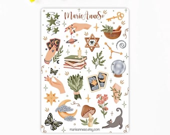 Hoja de pegatinas de brujas, pegatinas místicas de cristales del tarot, pegatinas de bruja estilo cottagecore para agenda, hoja de pegatinas de hierbas de la luna celestial para diario
