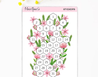 Number Tracker Stickers 1 to 31 – Floral Planner Date Stickers, Monthly Calendar Stickers, Spring Bullet Journal