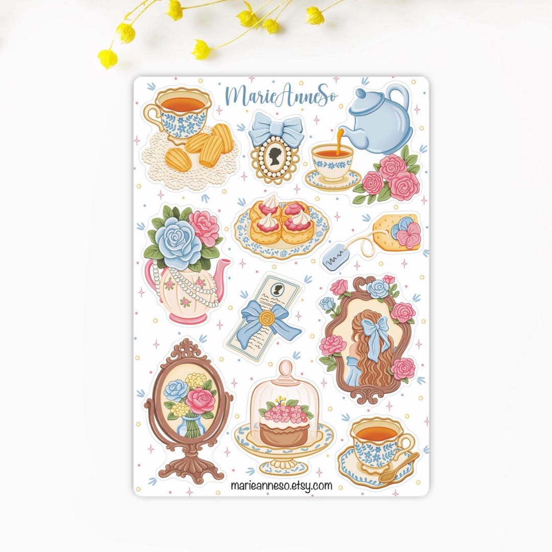 Tea Party Sticker Sheet – Vintage Tea Time Stickers, Cottagecore Floral ...
