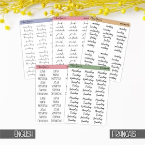 Stickers Jours de la Semaine Français et Anglais – Écriture Script - Autocollants pour Planner, Journal, Agenda