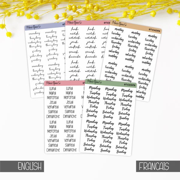 Days of the Week Calligraphy Sticker Sheet | Days of the Week Script Stickers | French and English Planner Stickers | Bullet Journal